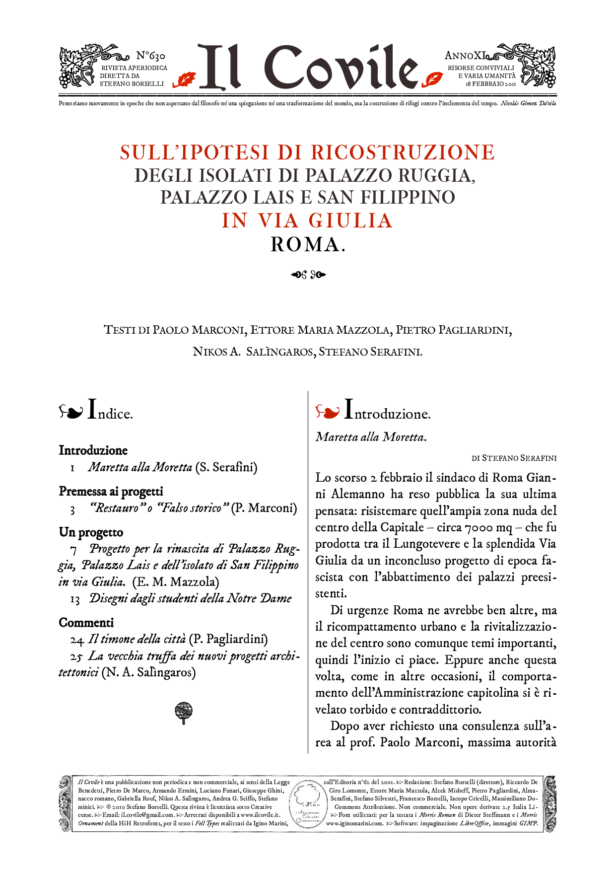 Copertina di Sull'ipotesi di ricostruzione in via Giulia, Roma.